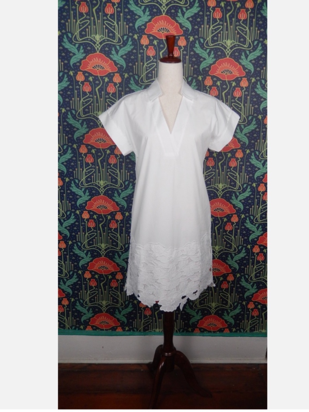 Pearl Lela Rose White V-Neck Cotton Poplin Shift Embroidered Dress XS